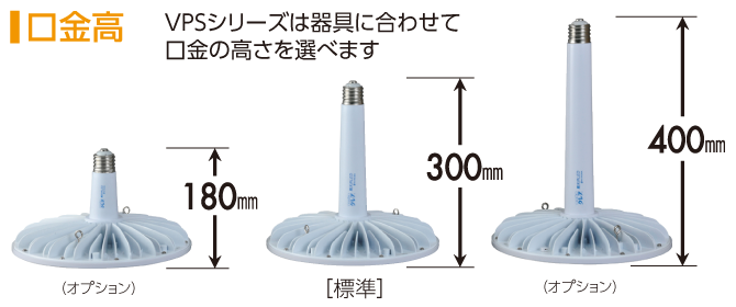 口金高：VPSシリーズは器具に合わせて口金の高さを選べます|標準300mm,オプション180mm,400mm